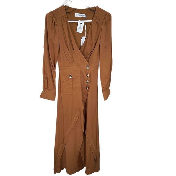 NWT Self-Portrait Women’s Midi Wrap Dress Button Front Cognac Brown sz 0 - Picture 4 of 15